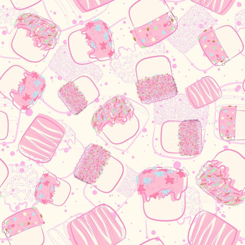 padrão sem emenda kawaii com marshmallows rosa e granulado colorido. repita o fundo com doces e sobremesas para crianças e crianças. toda a textura com doces e rabiscos. vetor