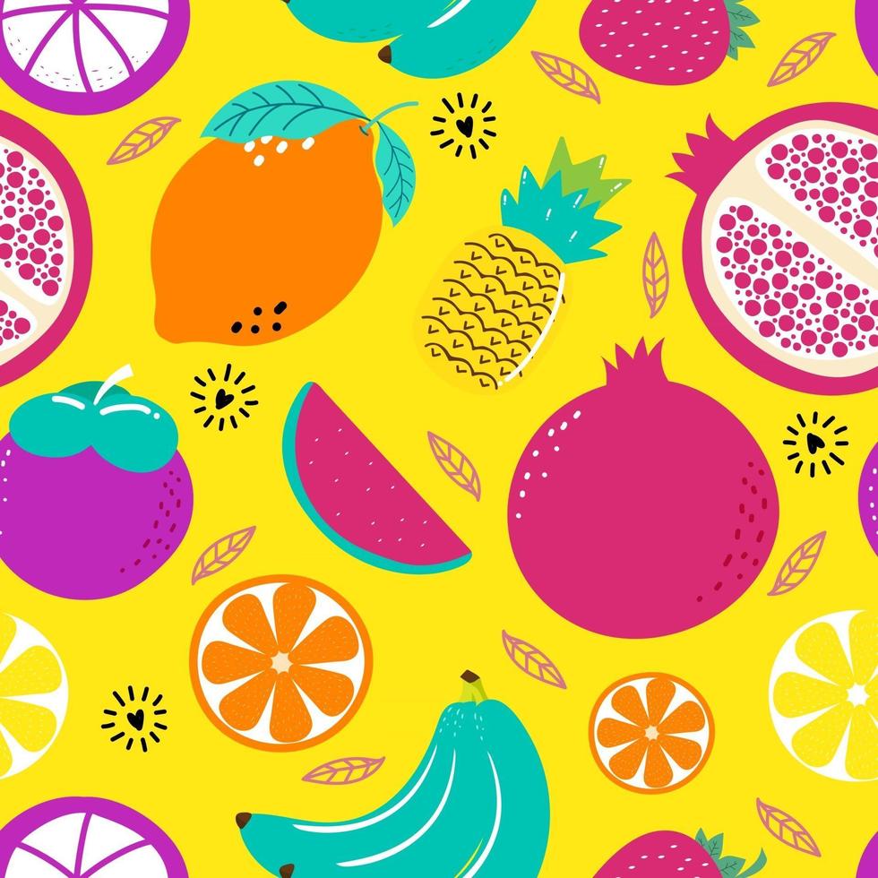 mão desenhada bonito padrão sem emenda frutas, laranja, banana, romã, mangostão, morango, abacaxi, melancia, limão e folha em fundo amarelo. ilustração vetorial. vetor