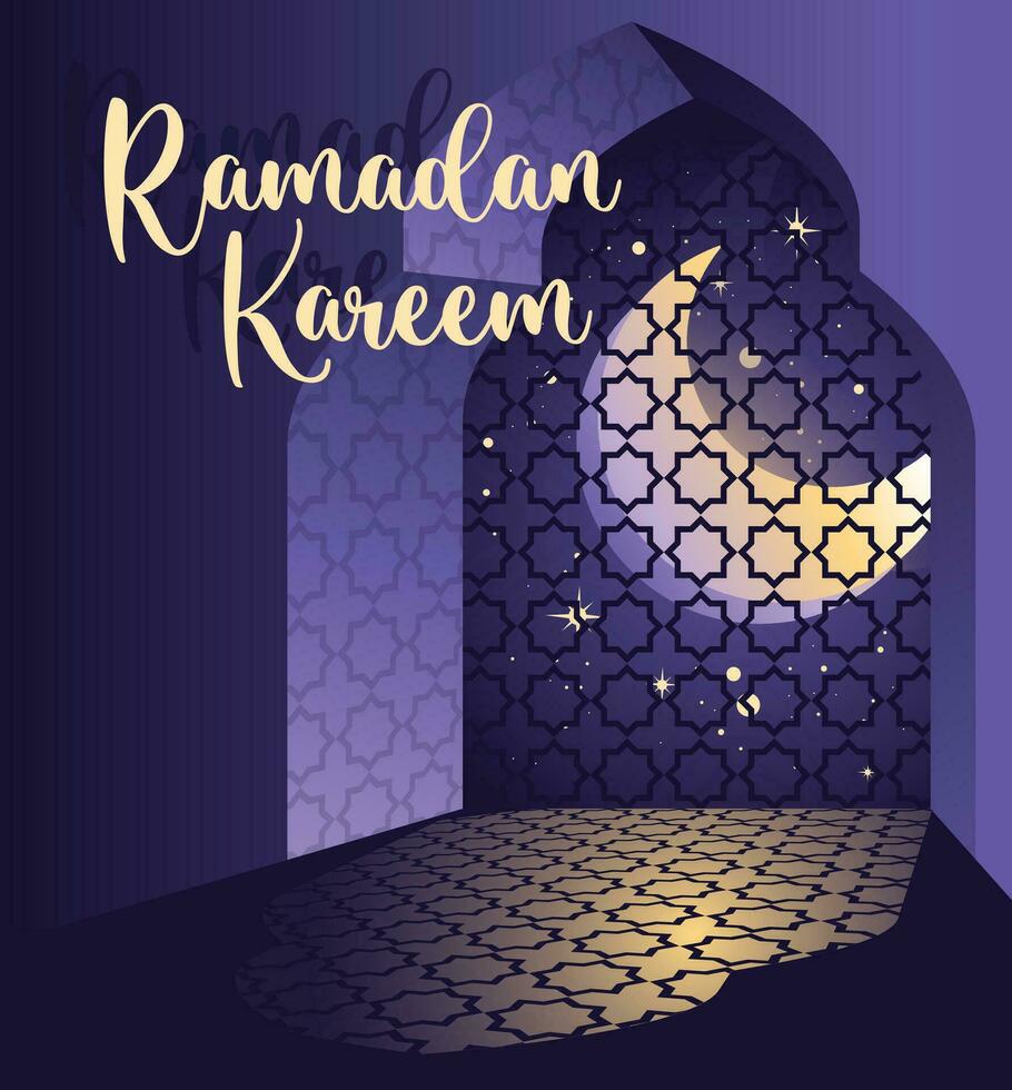 a Novo lua brilha e a árabe janela. a comemorar Ramadã. siolas do a muçulmano fé. roxa enluarada noite. janela enfeite em a chão. cumprimento cartão. vetor ilustração
