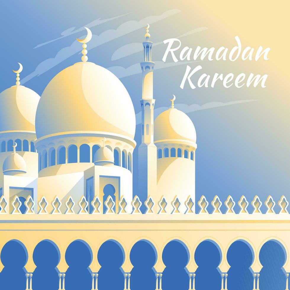 Ramadã cartão Projeto. brilhante ensolarado dia. islâmico fé mágico mesquita com minaretes. vetor ilustração.