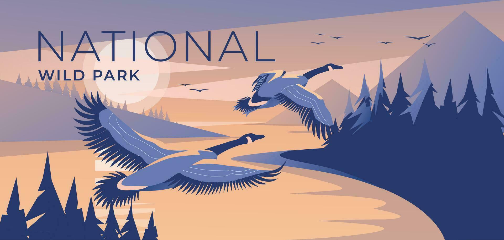 dois Canadá gansos mosca para uma montanha lago às crepúsculo. conífero floresta. selvagem natureza parque. a azul cor do a pôr do sol. turismo e viagem anúncio. vetor ilustração