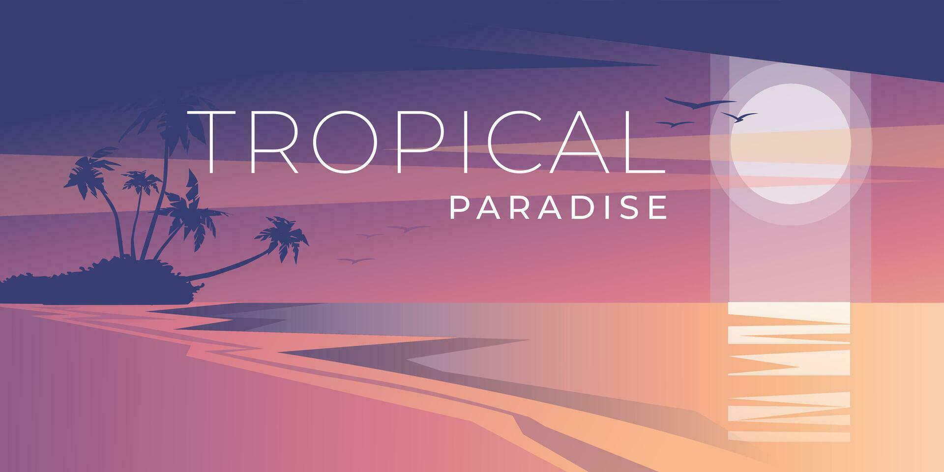 minimalista tropical panorama às pôr do sol. oceano costa com Palma árvores horizontal cena. roxa e Rosa gradiente. vetor ilustração
