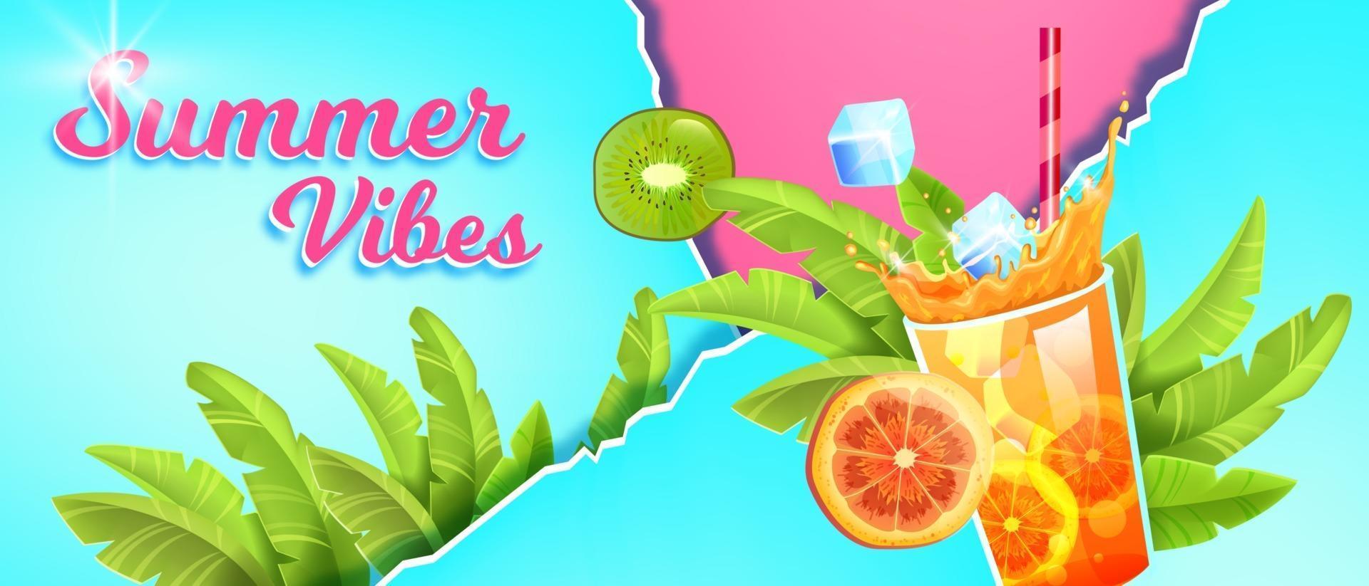 banner de venda de temporada de verão, plano de fundo de férias tropicais, copo de bebida gelada, frutas exóticas, gelo vetor