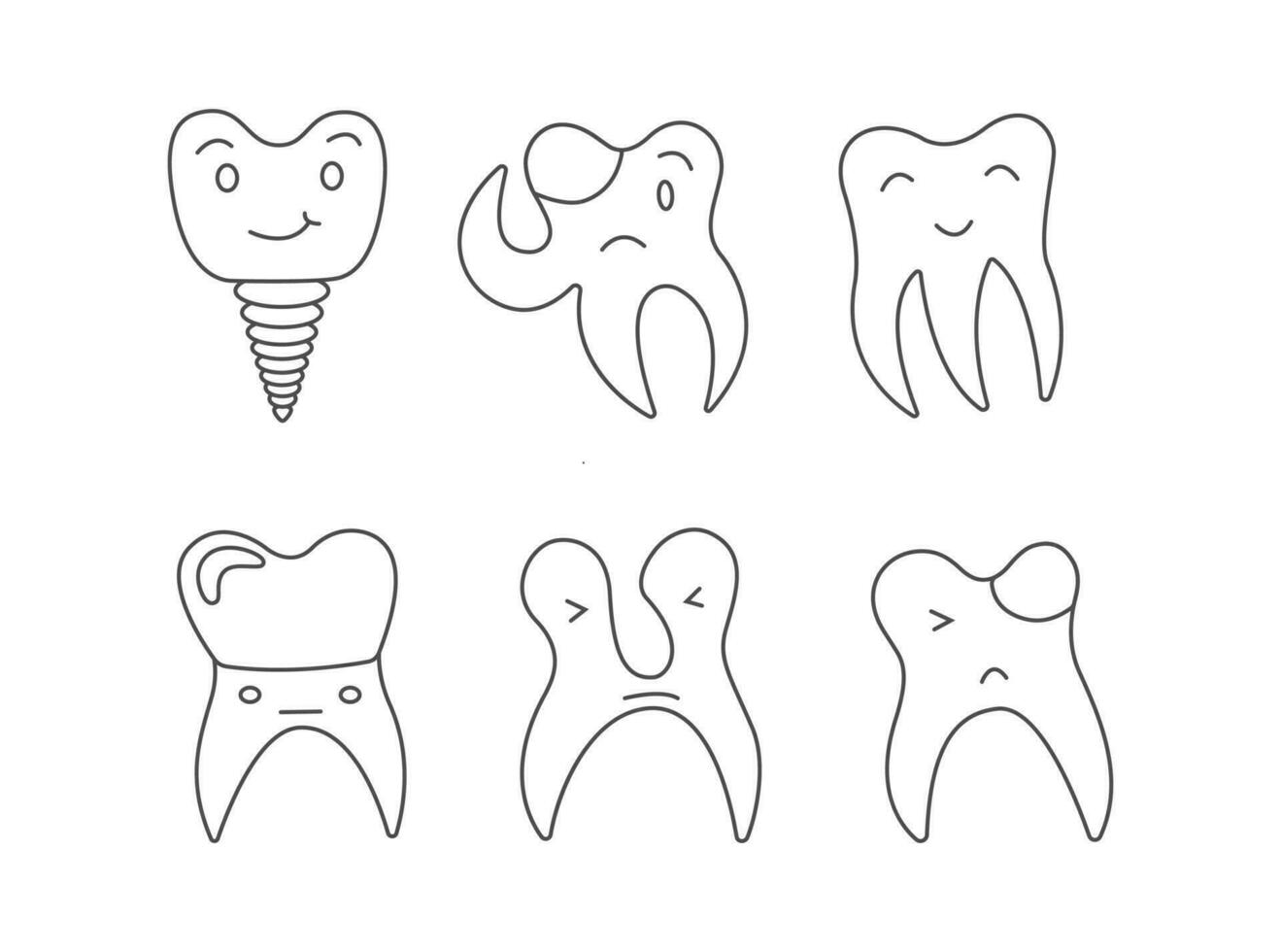 oral higiene conceito. fofa rabisco dentes personagens com cárie, implantar, dente coroa. dental Cuidado e tratamento. conceito para criança odontologia. dentes limpeza e prevenção. vetor