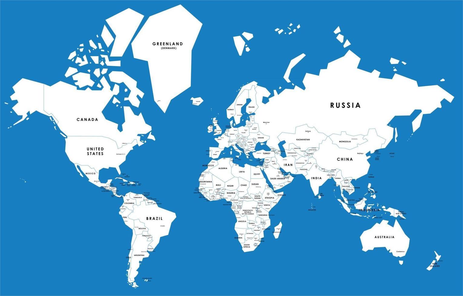 mapa-múndi vetor azul completo com nomes de todos os países e capitais.