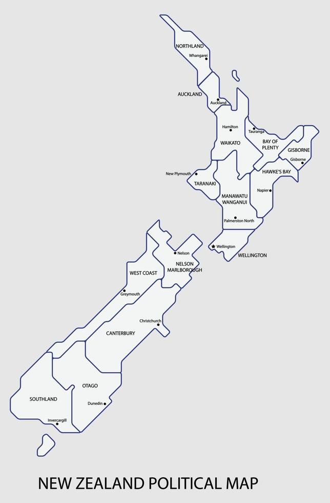 mapa político de Nova Zelândia dividido por estilo de simplicidade de contorno colorido de estado. vetor
