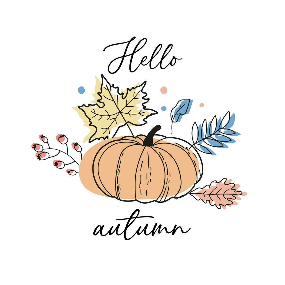 Olá outono - mão desenhado vetor ilustração. cartão com abóbora e outono folhas em uma branco plano de fundo.bom para poster, cumprimento cartão, bandeira, têxtil, presente, caneca ou casa decoração.