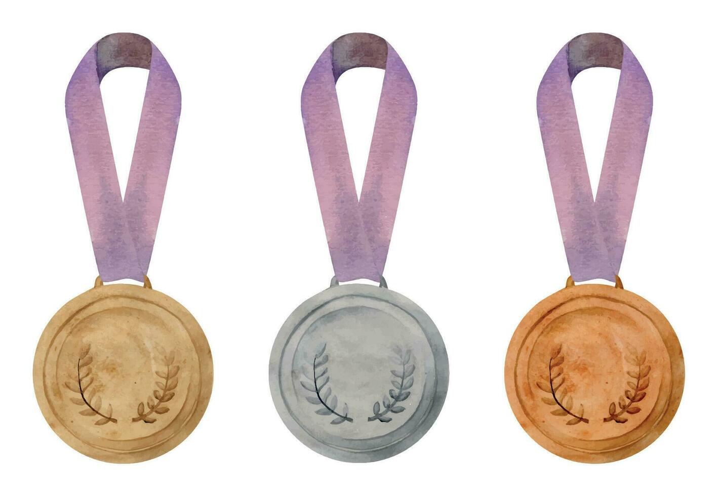 mão desenhado aguarela Esportes concorrência troféu prêmio, ouro prata bronze medalhas em fita. ilustração isolado objeto, branco fundo. Projeto poster, imprimir, local na rede Internet, cartão, convite, folheto vetor