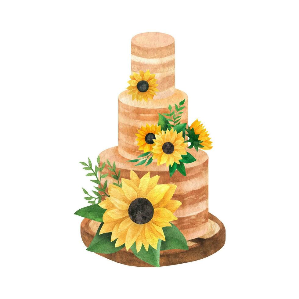 clássico em camadas bolo com girassóis arranjos, Casamento romântico clipart vetor