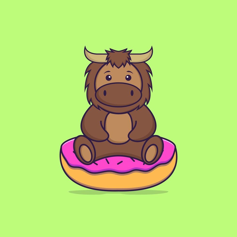 touro bonito está sentado em donuts. conceito de desenho animado animal isolado. pode ser usado para t-shirt, cartão de felicitações, cartão de convite ou mascote. estilo cartoon plana vetor