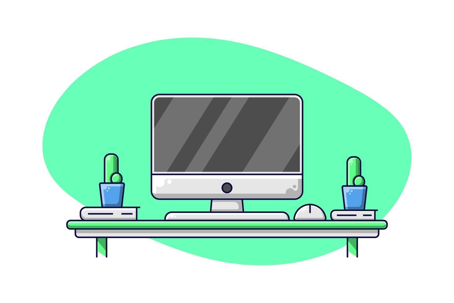 espaço de trabalho com bebida quente e ilustração vetorial de desenho de planta vetor