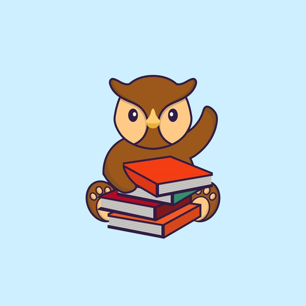 coruja bonita lendo um livro. conceito de desenho animado animal isolado. pode ser usado para t-shirt, cartão de felicitações, cartão de convite ou mascote. estilo cartoon plana vetor