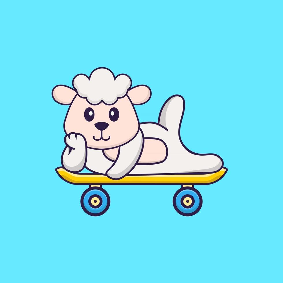 ovelha bonita deitada em um skate. conceito de desenho animado animal isolado. pode ser usado para t-shirt, cartão de felicitações, cartão de convite ou mascote. estilo cartoon plana vetor