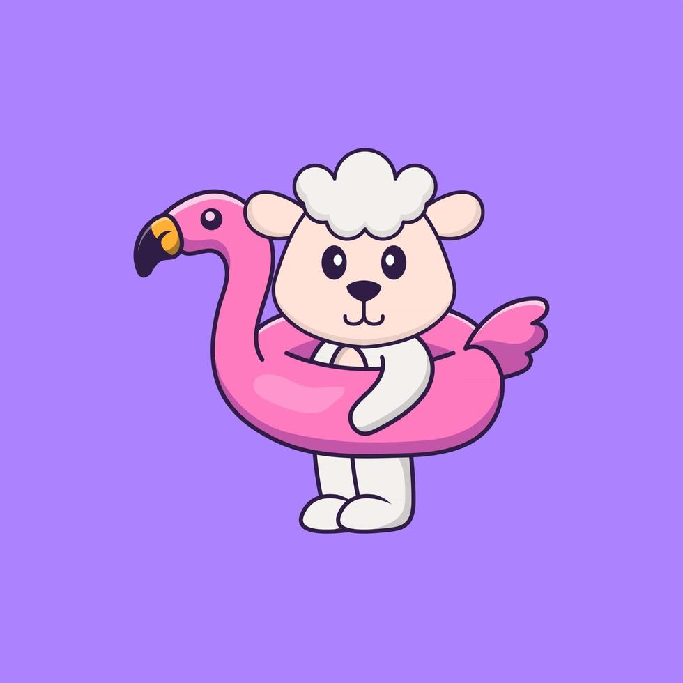 ovelha bonita com bóia de flamingo. conceito de desenho animado animal isolado. pode ser usado para t-shirt, cartão de felicitações, cartão de convite ou mascote. estilo cartoon plana vetor