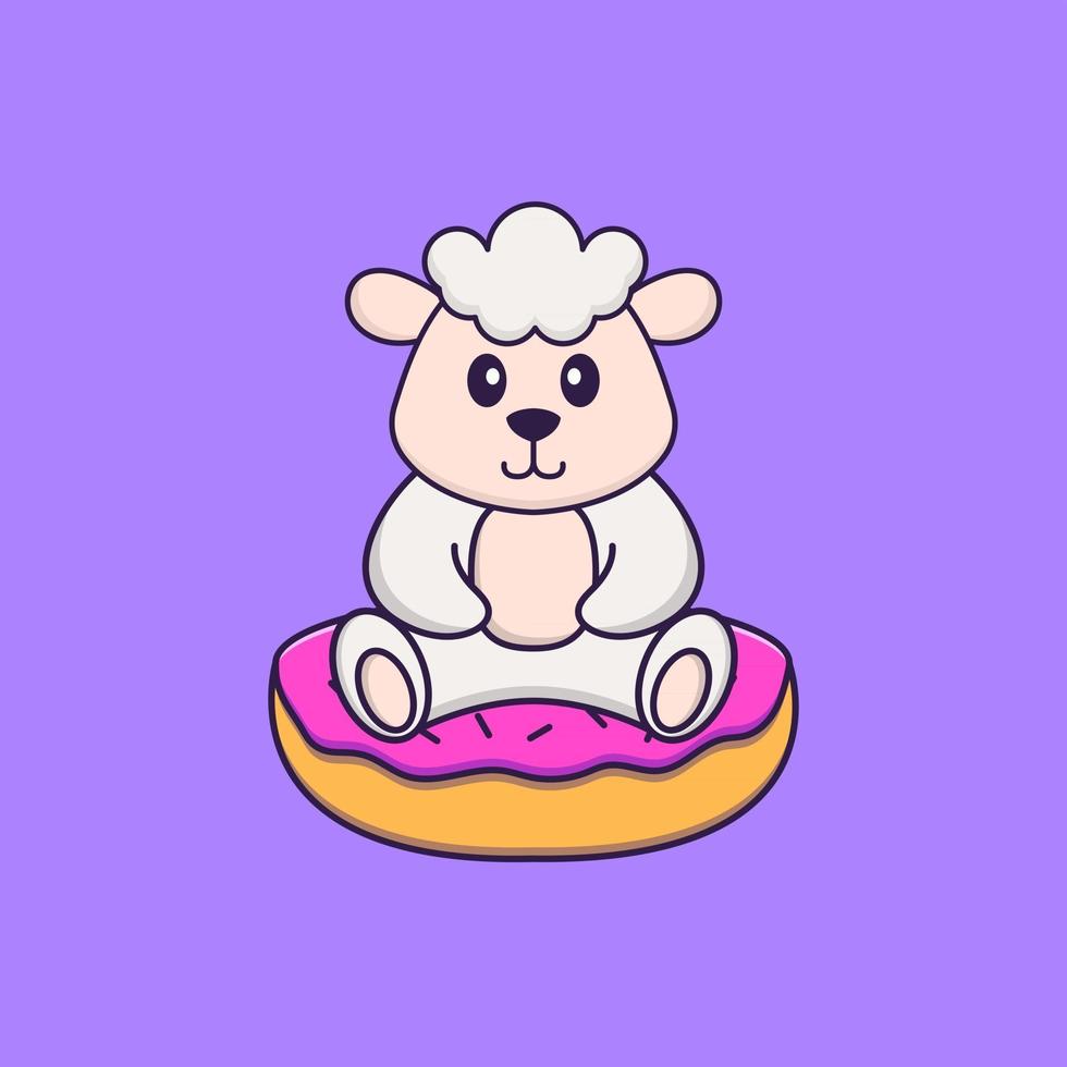 ovelha bonita está sentado em donuts. conceito de desenho animado animal isolado. pode ser usado para t-shirt, cartão de felicitações, cartão de convite ou mascote. estilo cartoon plana vetor