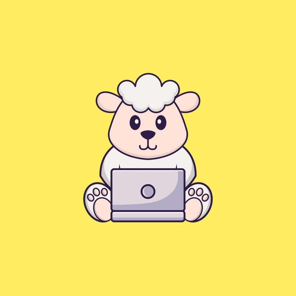 ovelhas usando laptop. conceito de desenho animado animal isolado. pode ser usado para t-shirt, cartão de felicitações, cartão de convite ou mascote. estilo cartoon plana vetor