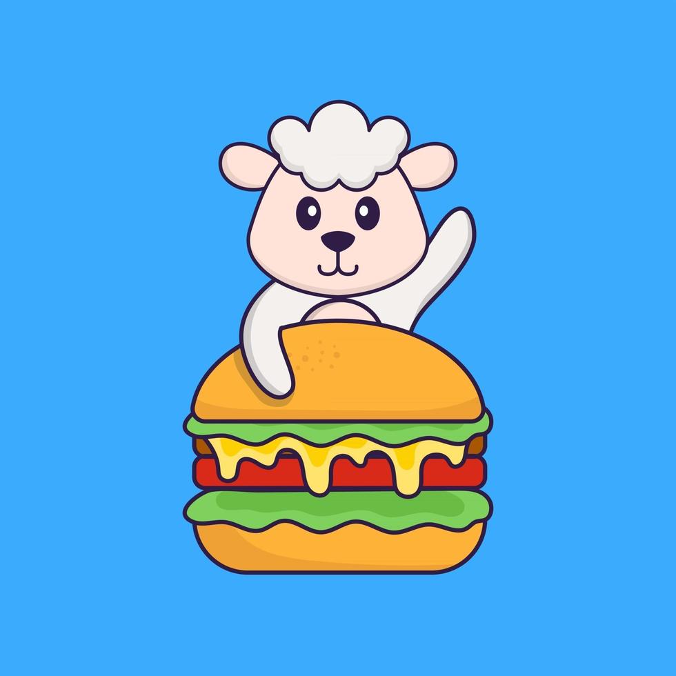 ovelhas comendo hambúrguer. conceito de desenho animado animal isolado. pode ser usado para t-shirt, cartão de felicitações, cartão de convite ou mascote. estilo cartoon plana vetor