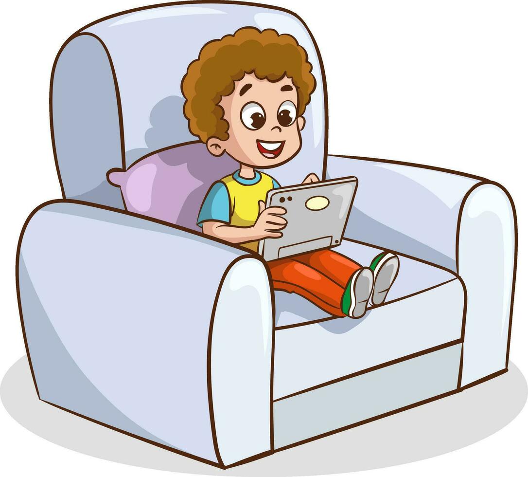 Garoto sentado em a sofá e usando uma tábua computador. vetor ilustração