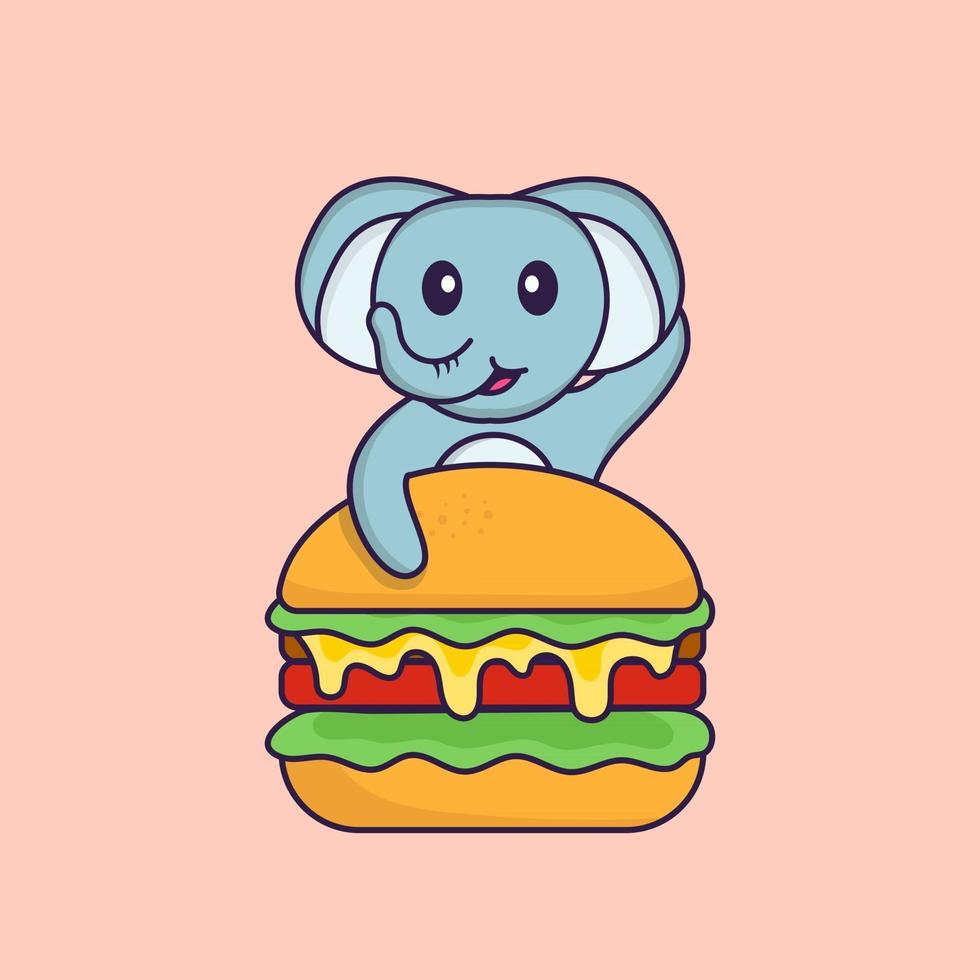 elefante fofo comendo hambúrguer. conceito de desenho animado animal isolado. pode ser usado para t-shirt, cartão de felicitações, cartão de convite ou mascote. estilo cartoon plana vetor