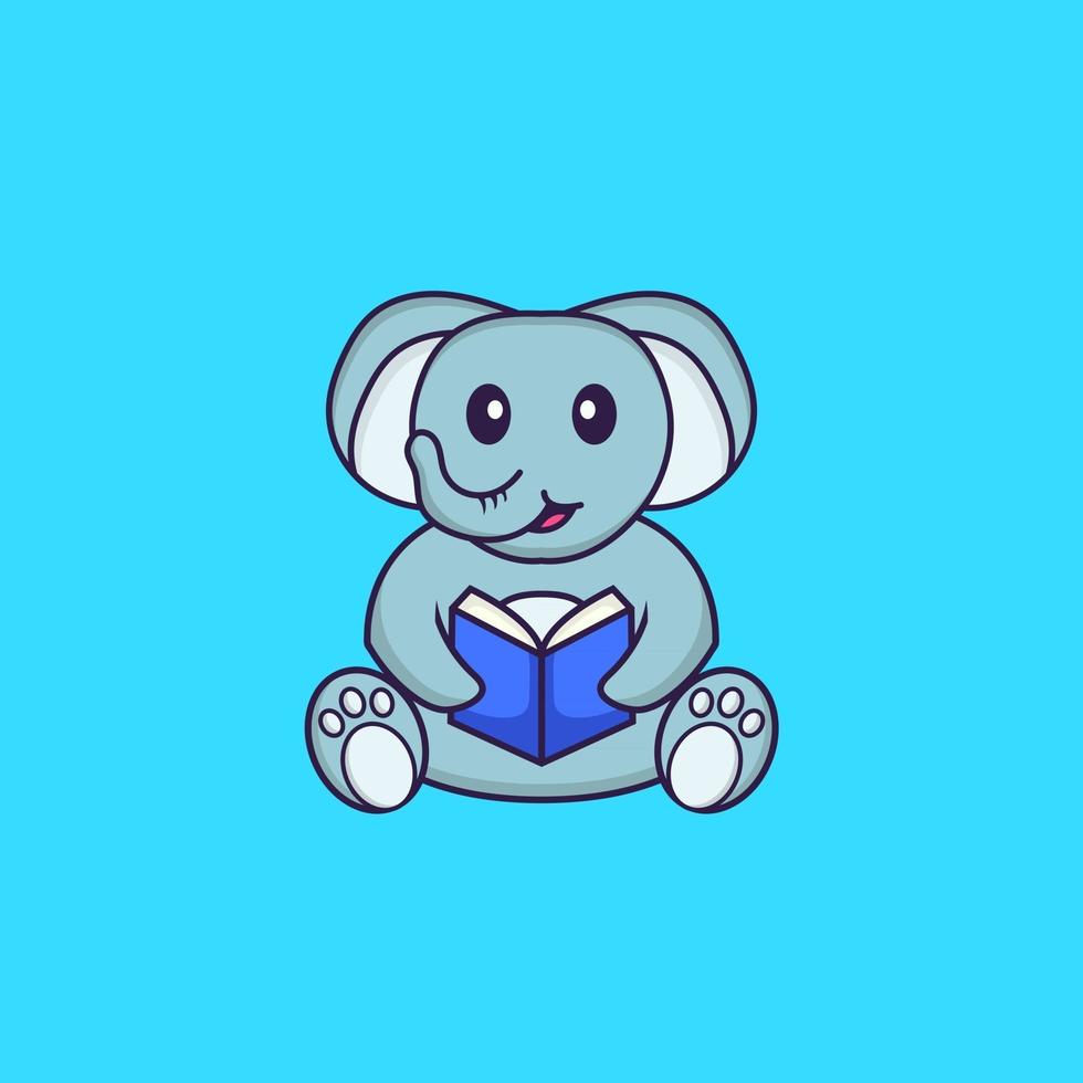 elefante fofo lendo um livro. conceito de desenho animado animal isolado. pode ser usado para t-shirt, cartão de felicitações, cartão de convite ou mascote. estilo cartoon plana vetor