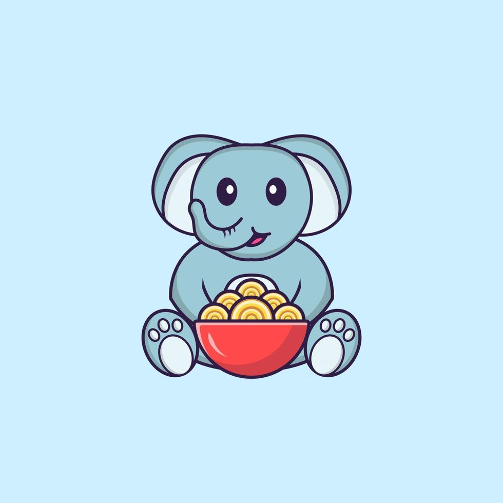 elefante fofo comendo macarrão ramen. conceito de desenho animado animal isolado. pode ser usado para t-shirt, cartão de felicitações, cartão de convite ou mascote. estilo cartoon plana vetor