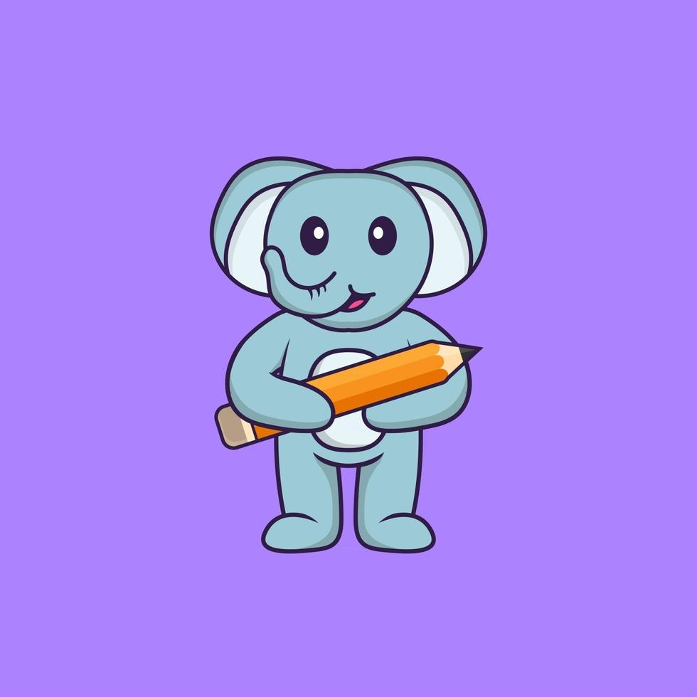 elefante fofo segurando um lápis. conceito de desenho animado animal isolado. pode ser usado para t-shirt, cartão de felicitações, cartão de convite ou mascote. estilo cartoon plana vetor