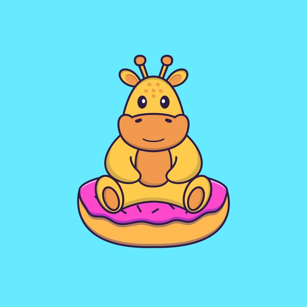 girafa gira está sentado em donuts. conceito de desenho animado animal isolado. pode ser usado para t-shirt, cartão de felicitações, cartão de convite ou mascote. estilo cartoon plana vetor
