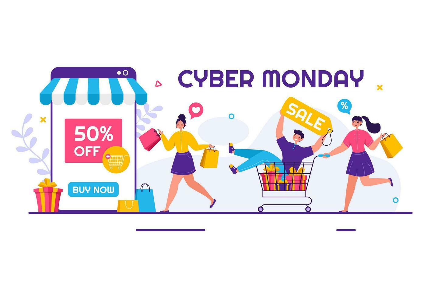 cyber Segunda-feira evento vetor ilustração com super venda e grande desconto compras bens dentro papel bolsas para promoções dentro plano desenho animado fundo