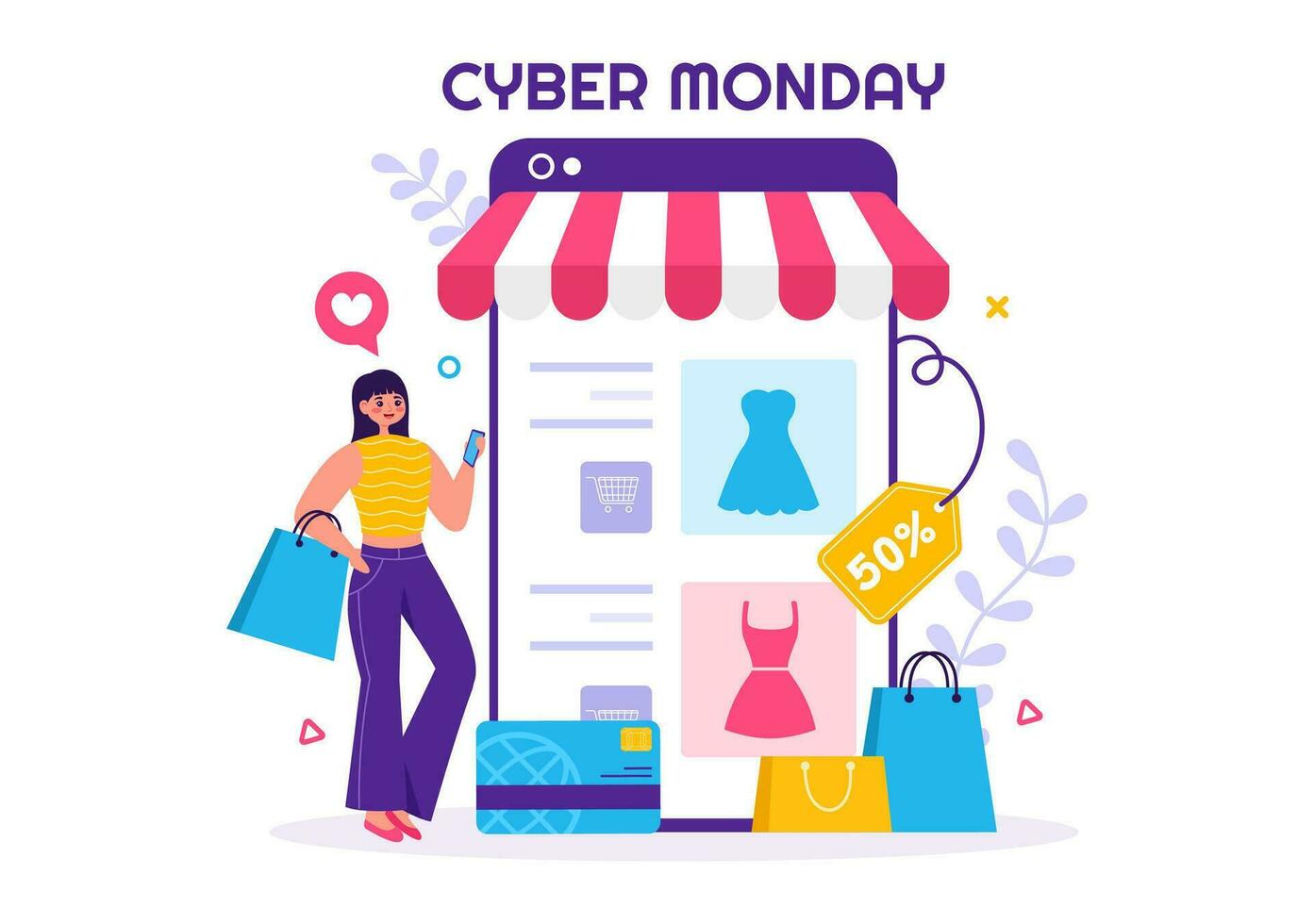 cyber Segunda-feira evento vetor ilustração com super venda e grande desconto compras bens dentro papel bolsas para promoções dentro plano desenho animado fundo