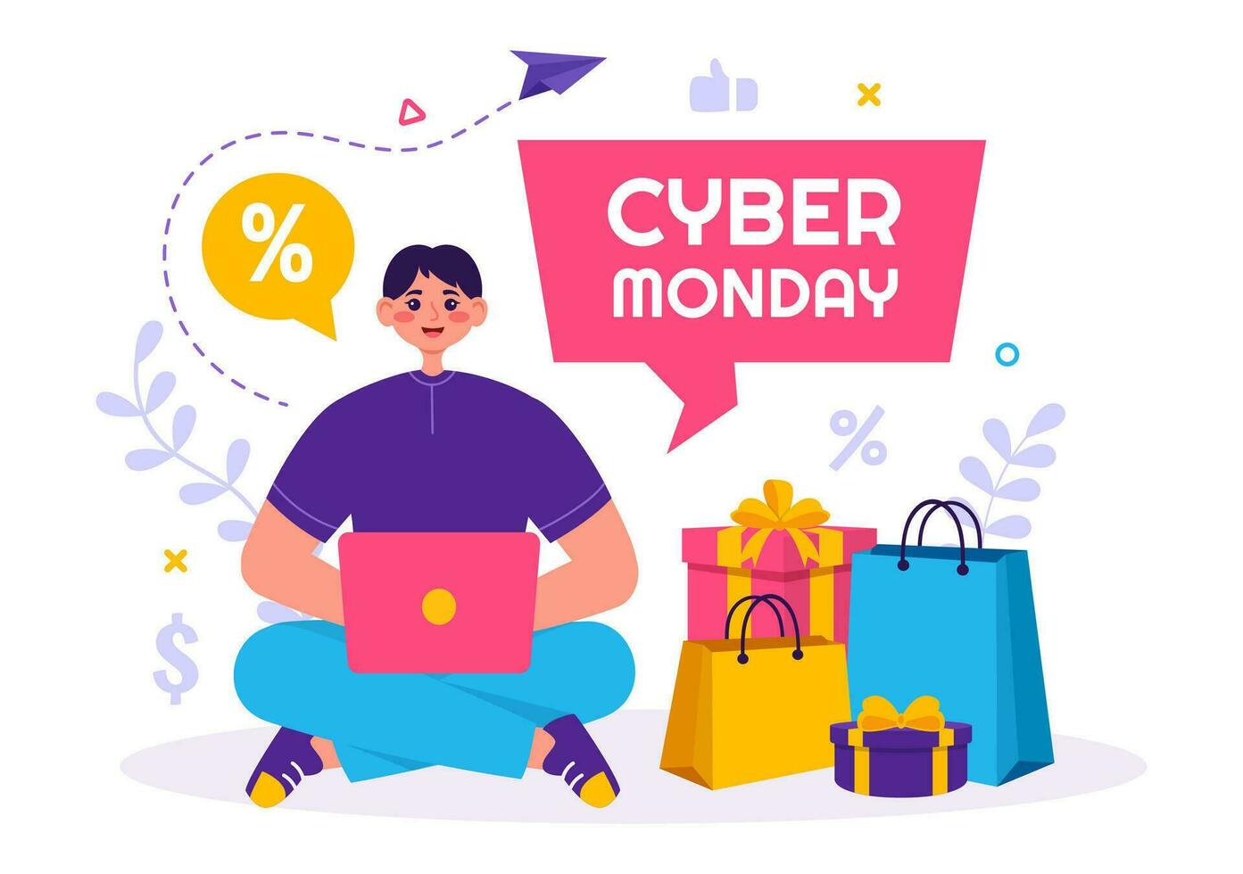 cyber Segunda-feira evento vetor ilustração com super venda e grande desconto compras bens dentro papel bolsas para promoções dentro plano desenho animado fundo