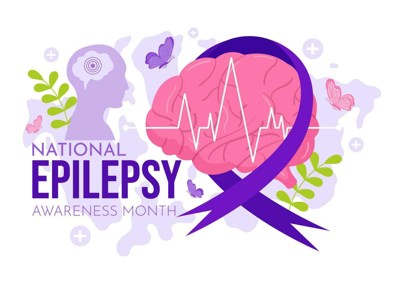 epilepsia consciência mês vetor ilustração é observado cada ano dentro novembro com cérebro e mental saúde dentro plano desenho animado roxa fundo