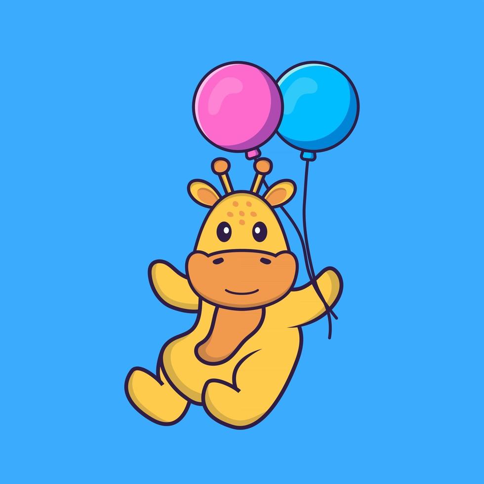 girafa bonita voando com dois balões. conceito de desenho animado animal isolado. pode ser usado para t-shirt, cartão de felicitações, cartão de convite ou mascote. estilo cartoon plana vetor