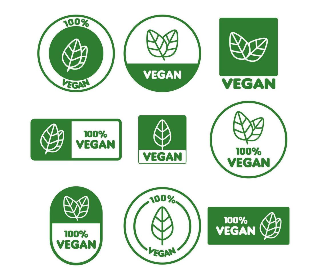 vetor vegano ícone conjunto vegano logotipos e Distintivos, rótulo, verde folha em branco fundo ilustração.