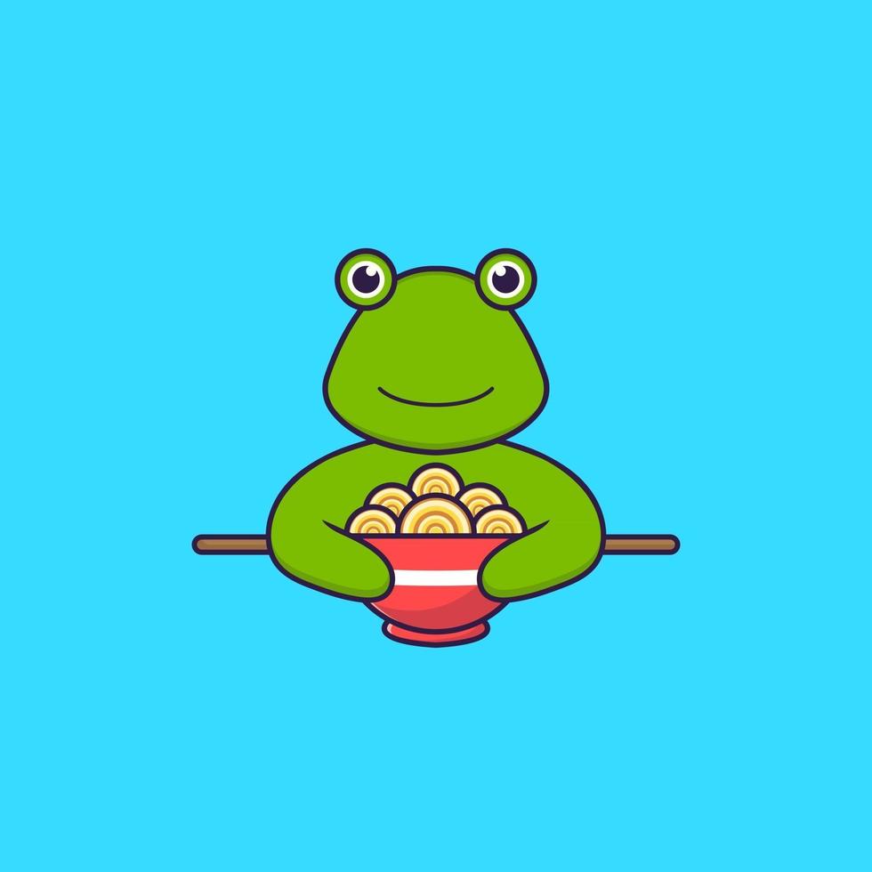 sapo bonito comendo macarrão ramen. conceito de desenho animado animal isolado. pode ser usado para t-shirt, cartão de felicitações, cartão de convite ou mascote. estilo cartoon plana vetor