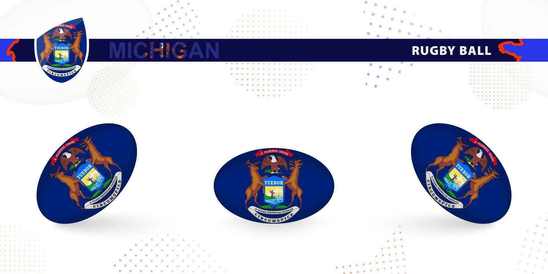 rúgbi bola conjunto com a bandeira do Michigan dentro vários ângulos em abstrato fundo. vetor