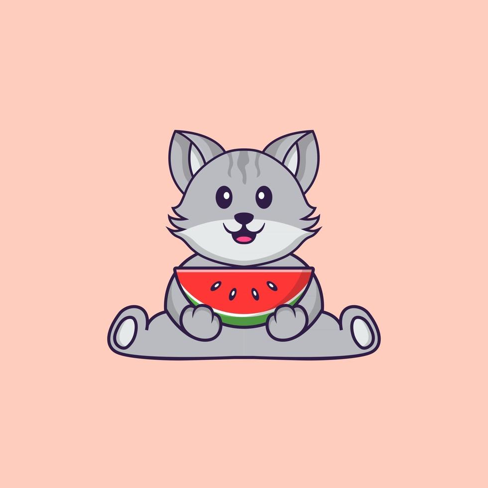 gato bonito comendo melancia. conceito de desenho animado animal isolado. pode ser usado para t-shirt, cartão de felicitações, cartão de convite ou mascote. estilo cartoon plana vetor