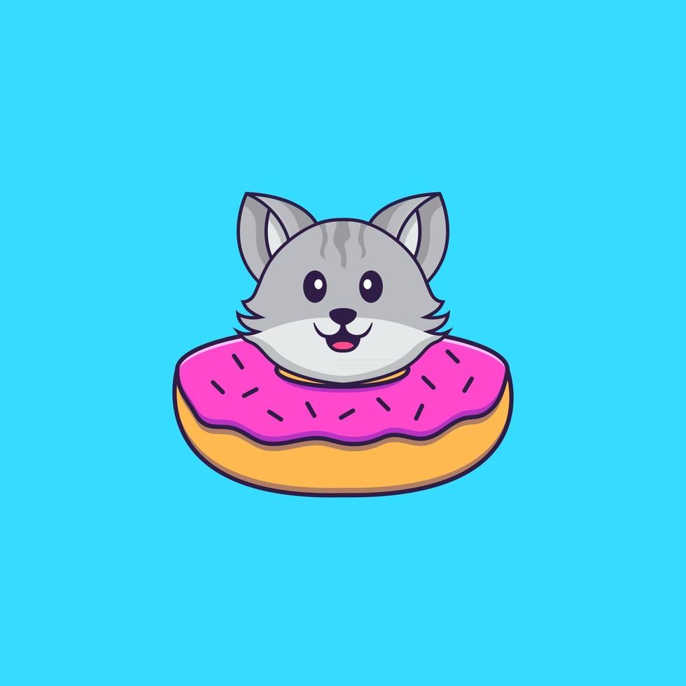 gato bonito com uma rosquinha no pescoço. conceito de desenho animado animal isolado. pode ser usado para t-shirt, cartão de felicitações, cartão de convite ou mascote. estilo cartoon plana vetor