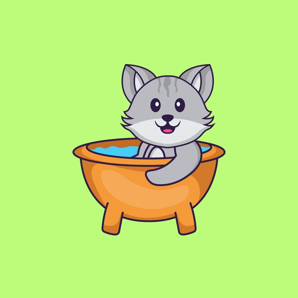 gato bonito tomando banho na banheira. conceito de desenho animado animal isolado. pode ser usado para t-shirt, cartão de felicitações, cartão de convite ou mascote. estilo cartoon plana vetor