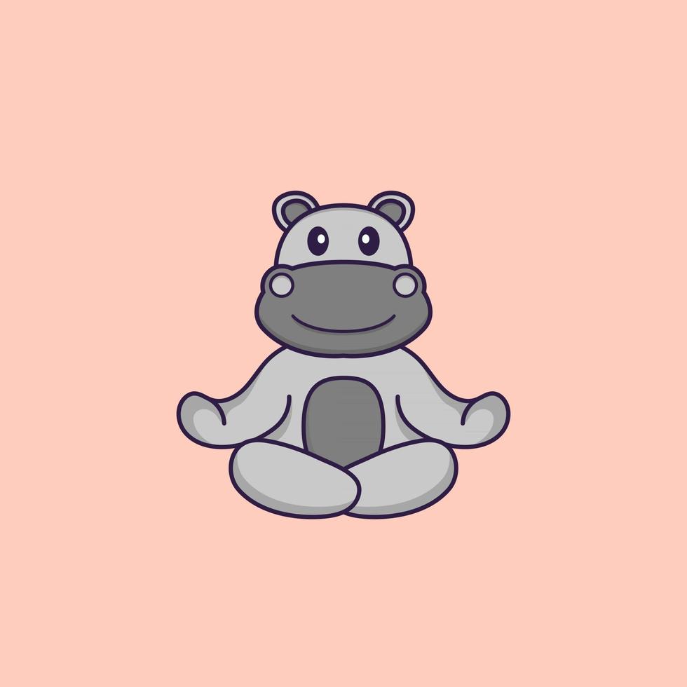 hipopótamo fofo está meditando ou fazendo ioga. conceito de desenho animado animal isolado. pode ser usado para t-shirt, cartão de felicitações, cartão de convite ou mascote. estilo cartoon plana vetor