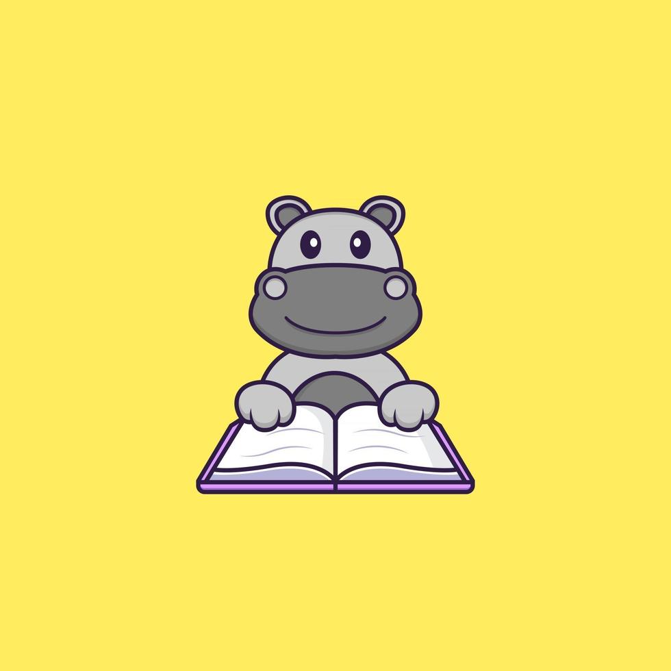 hipopótamo fofo lendo um livro. conceito de desenho animado animal isolado. pode ser usado para t-shirt, cartão de felicitações, cartão de convite ou mascote. estilo cartoon plana vetor