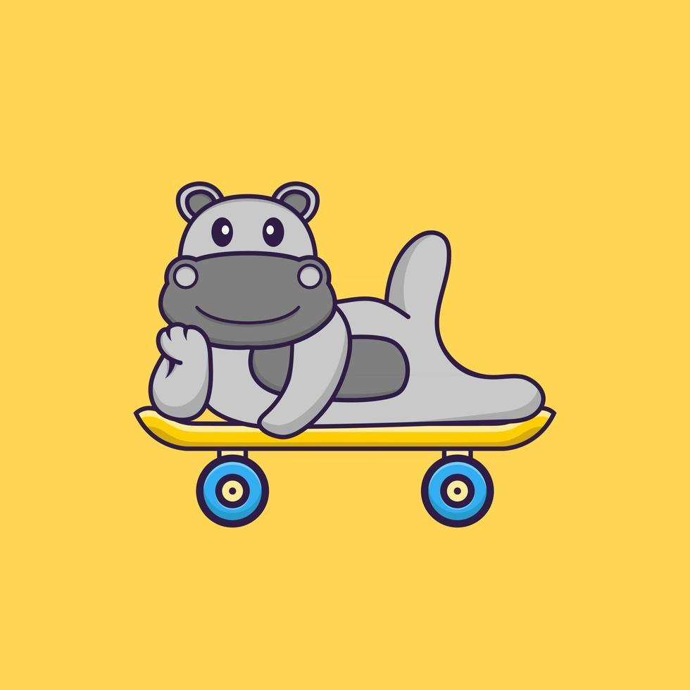 hipopótamo fofo deitado sobre um skate. conceito de desenho animado animal isolado. pode ser usado para t-shirt, cartão de felicitações, cartão de convite ou mascote. estilo cartoon plana vetor