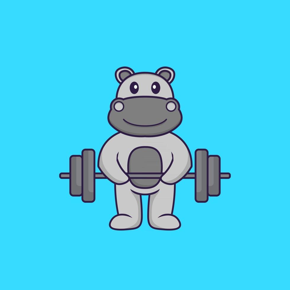 hipopótamo fofo levanta a barra. conceito de desenho animado animal isolado. pode ser usado para t-shirt, cartão de felicitações, cartão de convite ou mascote. estilo cartoon plana vetor