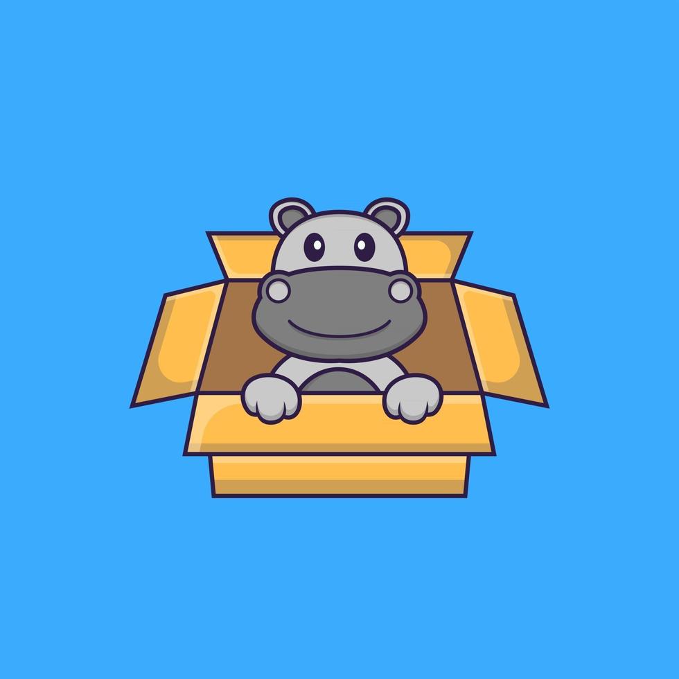 hipopótamo fofo jogando na caixa. conceito de desenho animado animal isolado. pode ser usado para t-shirt, cartão de felicitações, cartão de convite ou mascote. estilo cartoon plana vetor
