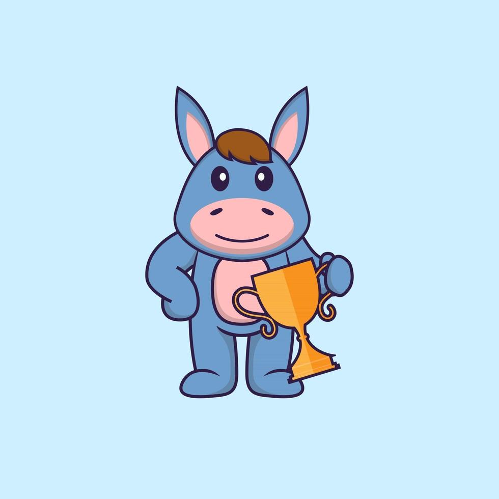 lhama bonito segurando o troféu de ouro. conceito de desenho animado animal isolado. pode ser usado para t-shirt, cartão de felicitações, cartão de convite ou mascote. estilo cartoon plana vetor