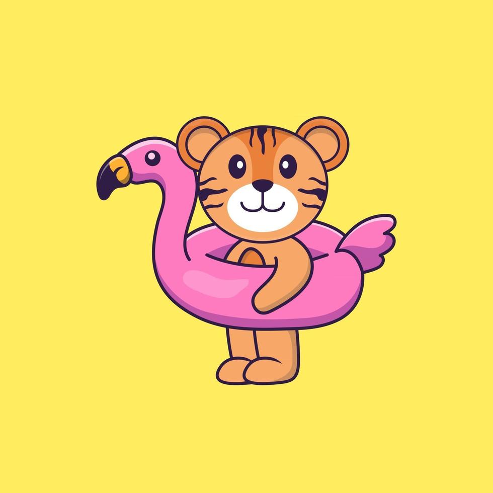 tigre bonito com bóia de flamingo. conceito de desenho animado animal isolado. pode ser usado para t-shirt, cartão de felicitações, cartão de convite ou mascote. estilo cartoon plana vetor