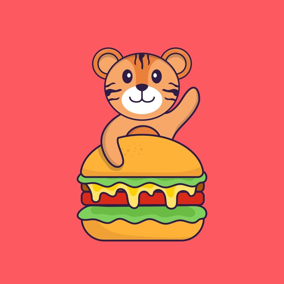 tigre fofo comendo hambúrguer. conceito de desenho animado animal isolado. pode ser usado para t-shirt, cartão de felicitações, cartão de convite ou mascote. estilo cartoon plana vetor