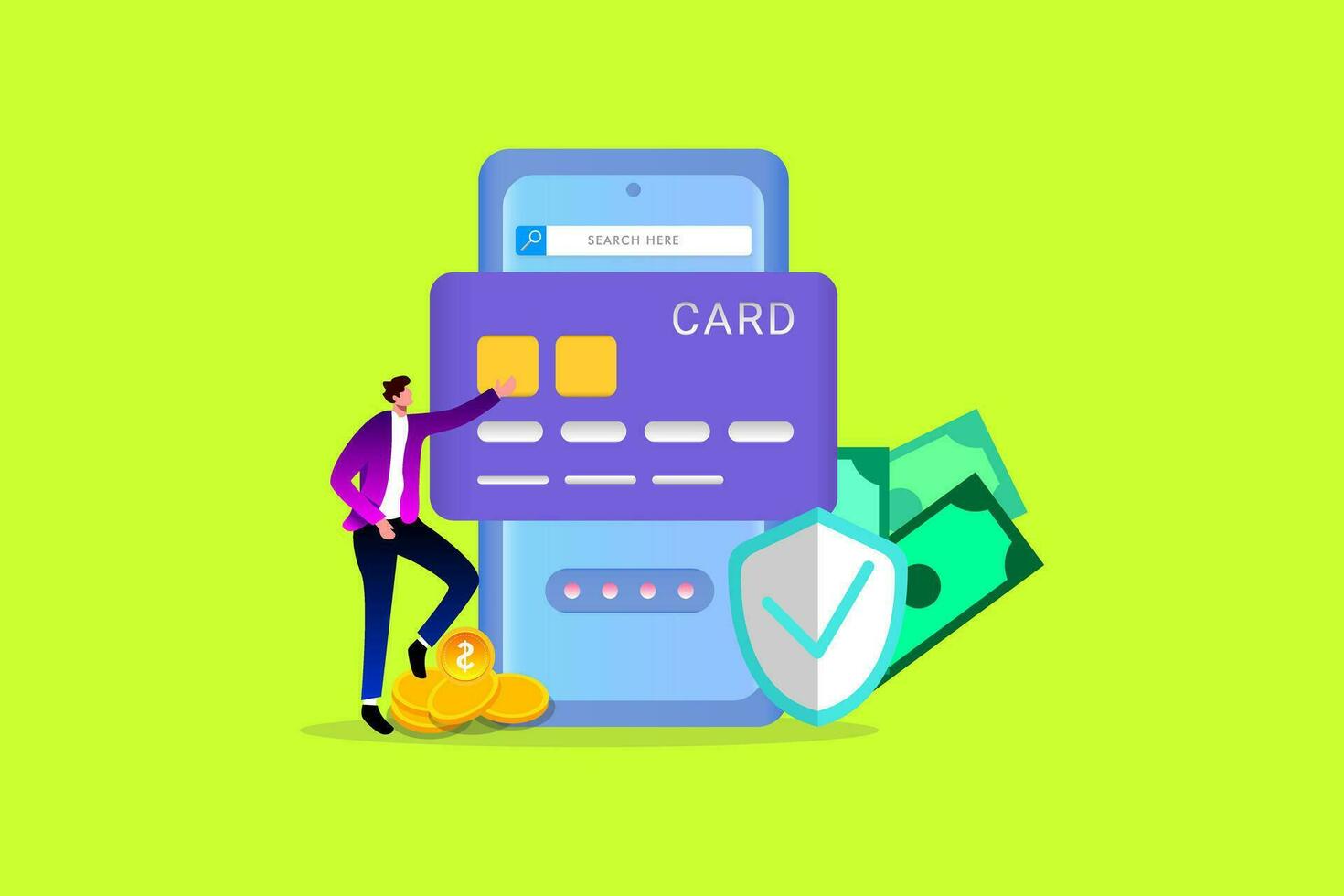 crédito cartão Forma de pagamento com telefone 3d ícone. Móvel banco, conectados dinheiro, seguro transação Projeto. vetor