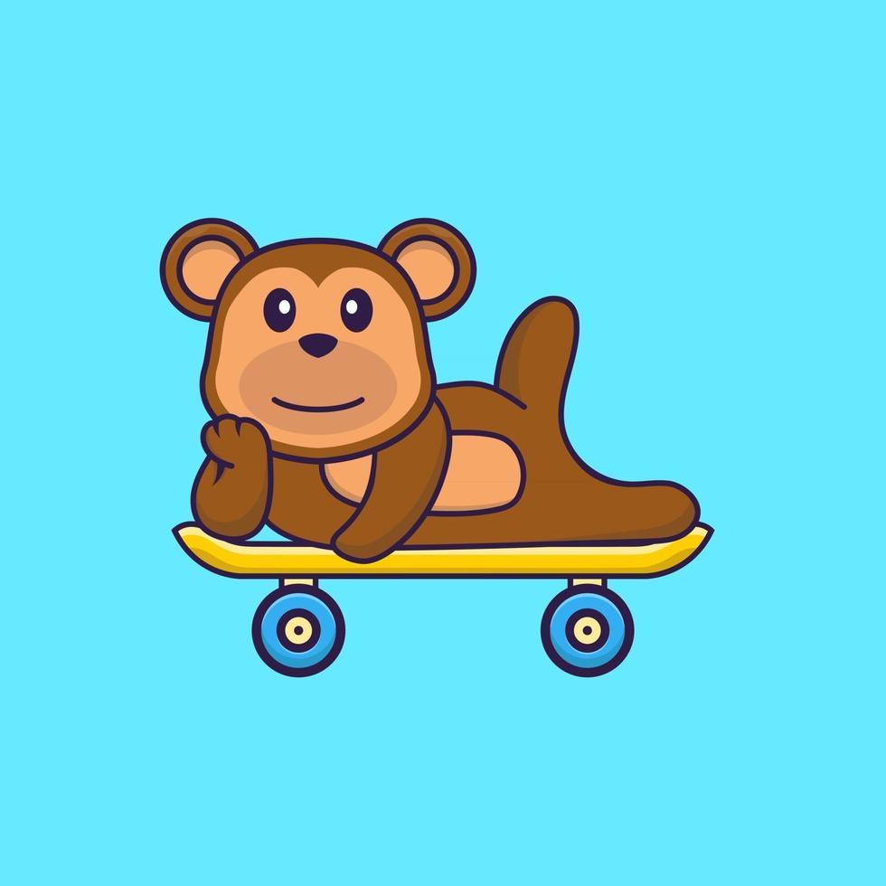 macaco fofo deitado sobre um skate. conceito de desenho animado animal isolado. pode ser usado para t-shirt, cartão de felicitações, cartão de convite ou mascote. estilo cartoon plana vetor