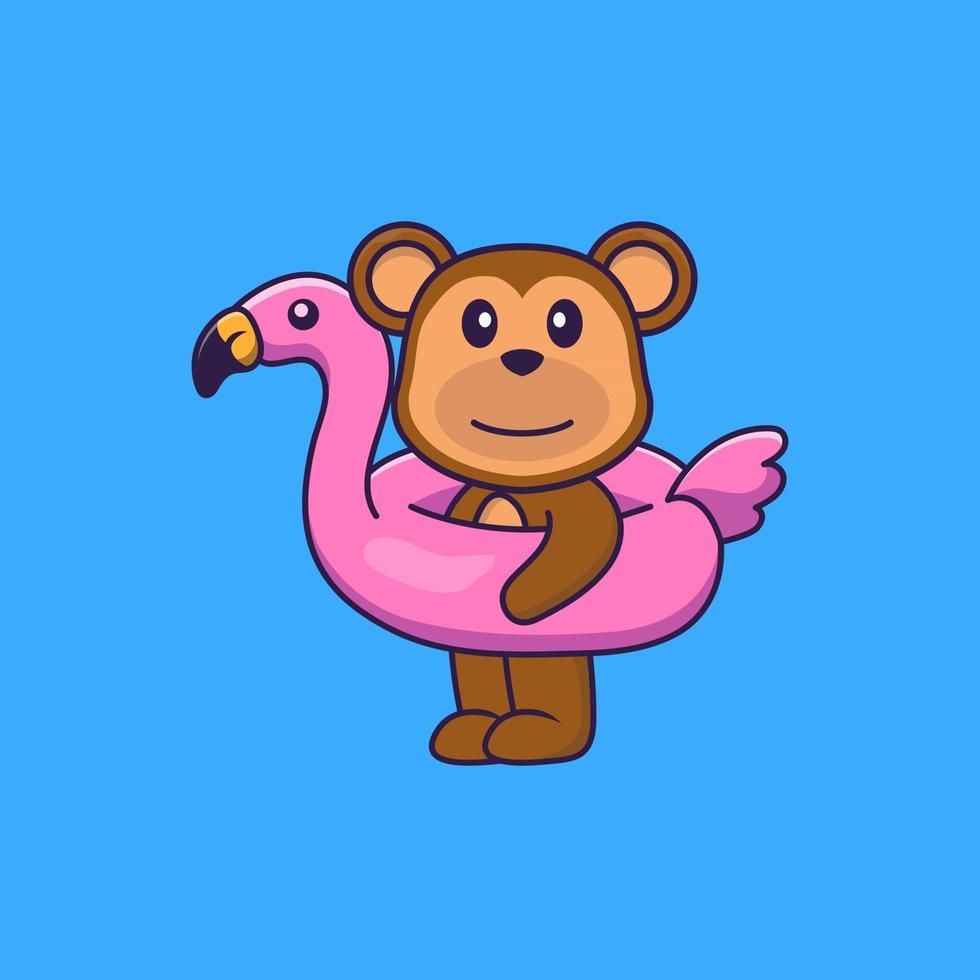 macaco bonito com bóia flamingo. conceito de desenho animado animal isolado. pode ser usado para t-shirt, cartão de felicitações, cartão de convite ou mascote. estilo cartoon plana vetor