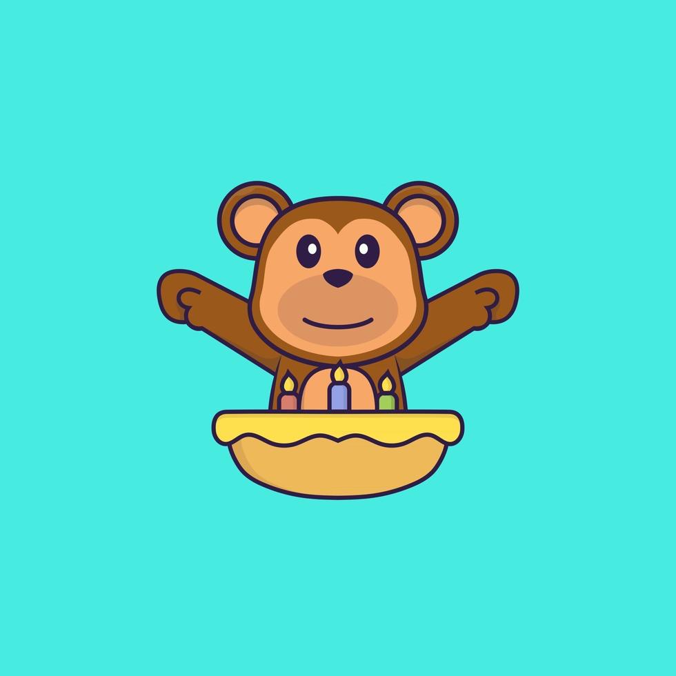 macaco fofo com bolo de aniversário. conceito de desenho animado animal isolado. pode ser usado para t-shirt, cartão de felicitações, cartão de convite ou mascote. estilo cartoon plana vetor